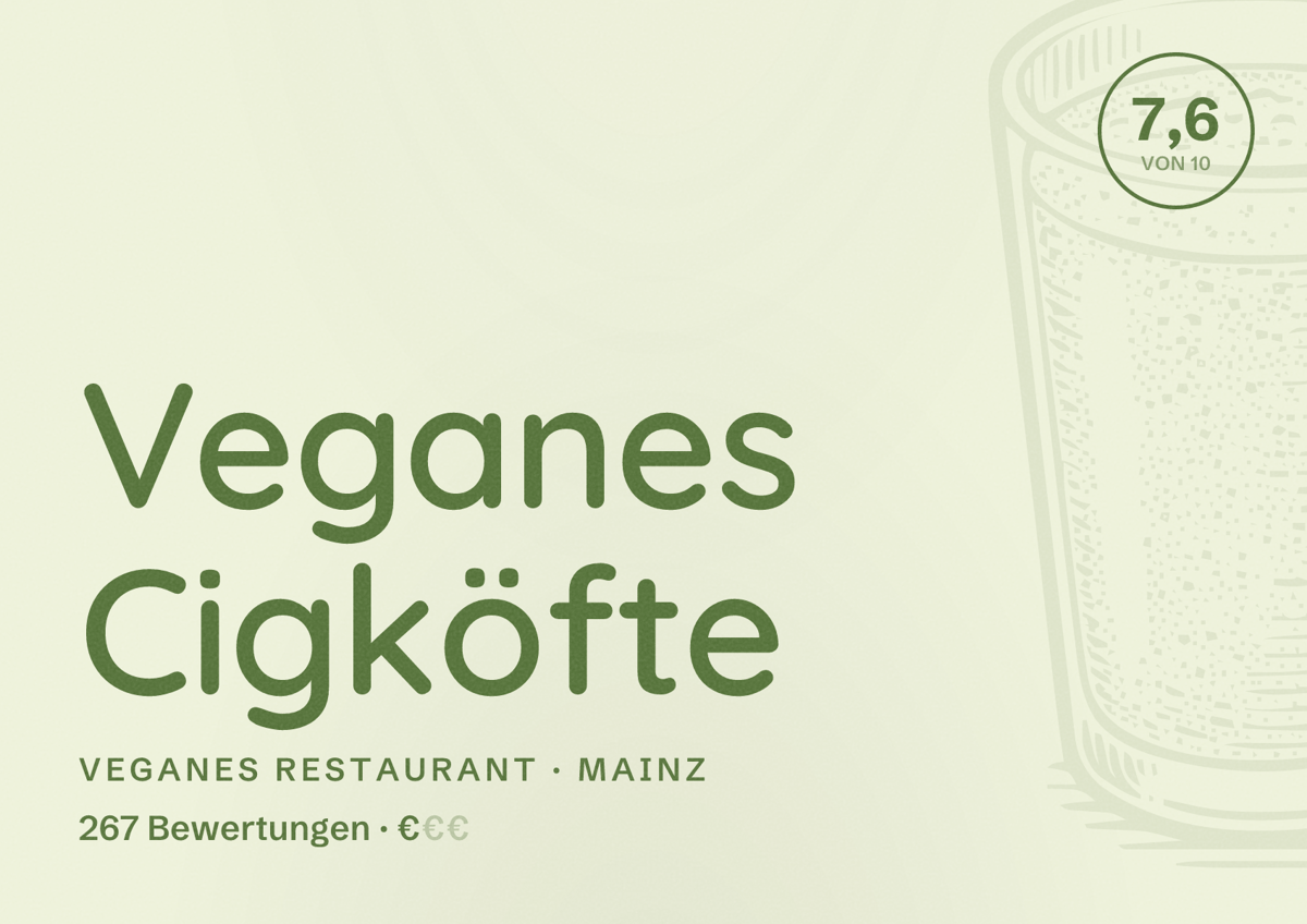 Illustriertes Poster von Veganes Cigköfte, Veganes Restaurant in Mainz: Bewertung 7,6 von 10 aus 267 Bewertungen, Preisniveau €