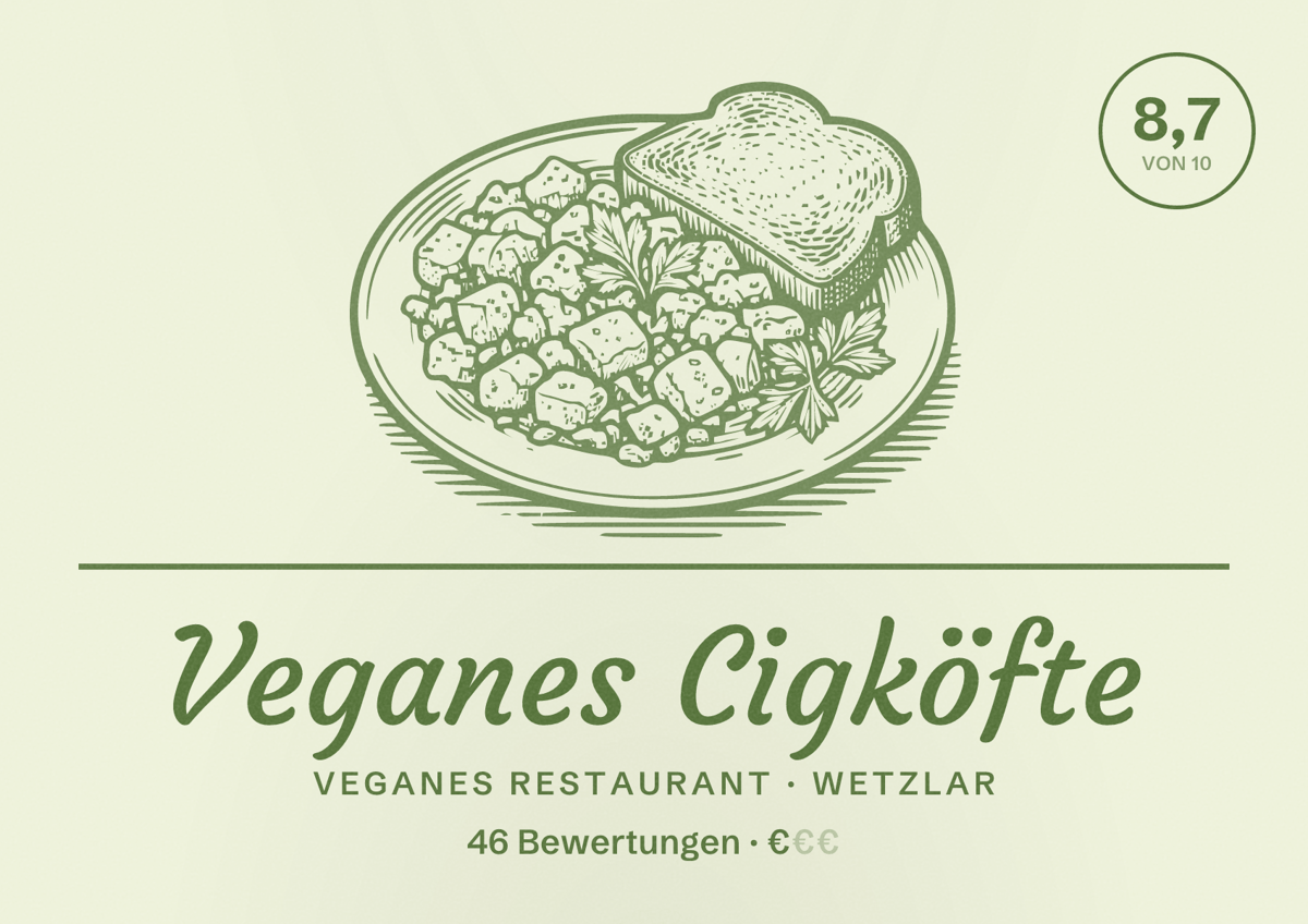 Illustriertes Poster von Veganes Cigköfte, Veganes Restaurant in Wetzlar: Bewertung 8,7 von 10 aus 46 Bewertungen, Preisniveau €