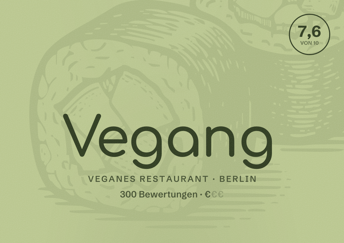 Illustriertes Poster von Vegang, Veganes Restaurant in Berlin: Bewertung 7,6 von 10 aus 300 Bewertungen, Preisniveau €