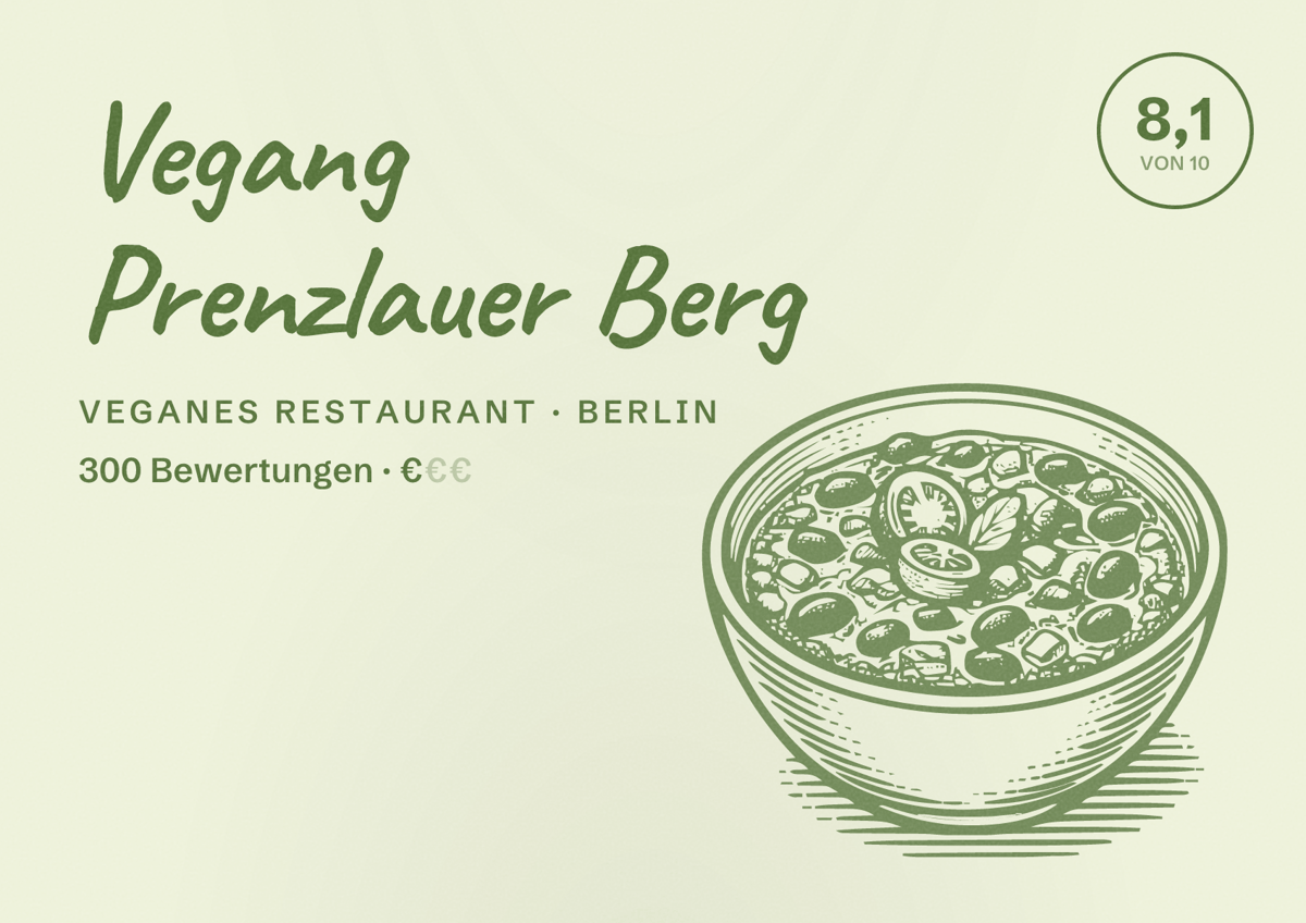 Illustriertes Poster von Vegang Prenzlauer Berg, Veganes Restaurant in Berlin: Bewertung 8,1 von 10 aus 300 Bewertungen, Preisniveau €