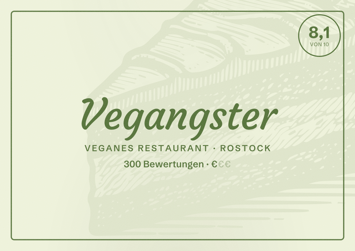 Illustriertes Poster von Vegangster, Veganes Restaurant in Rostock: Bewertung 8,1 von 10 aus 300 Bewertungen, Preisniveau €