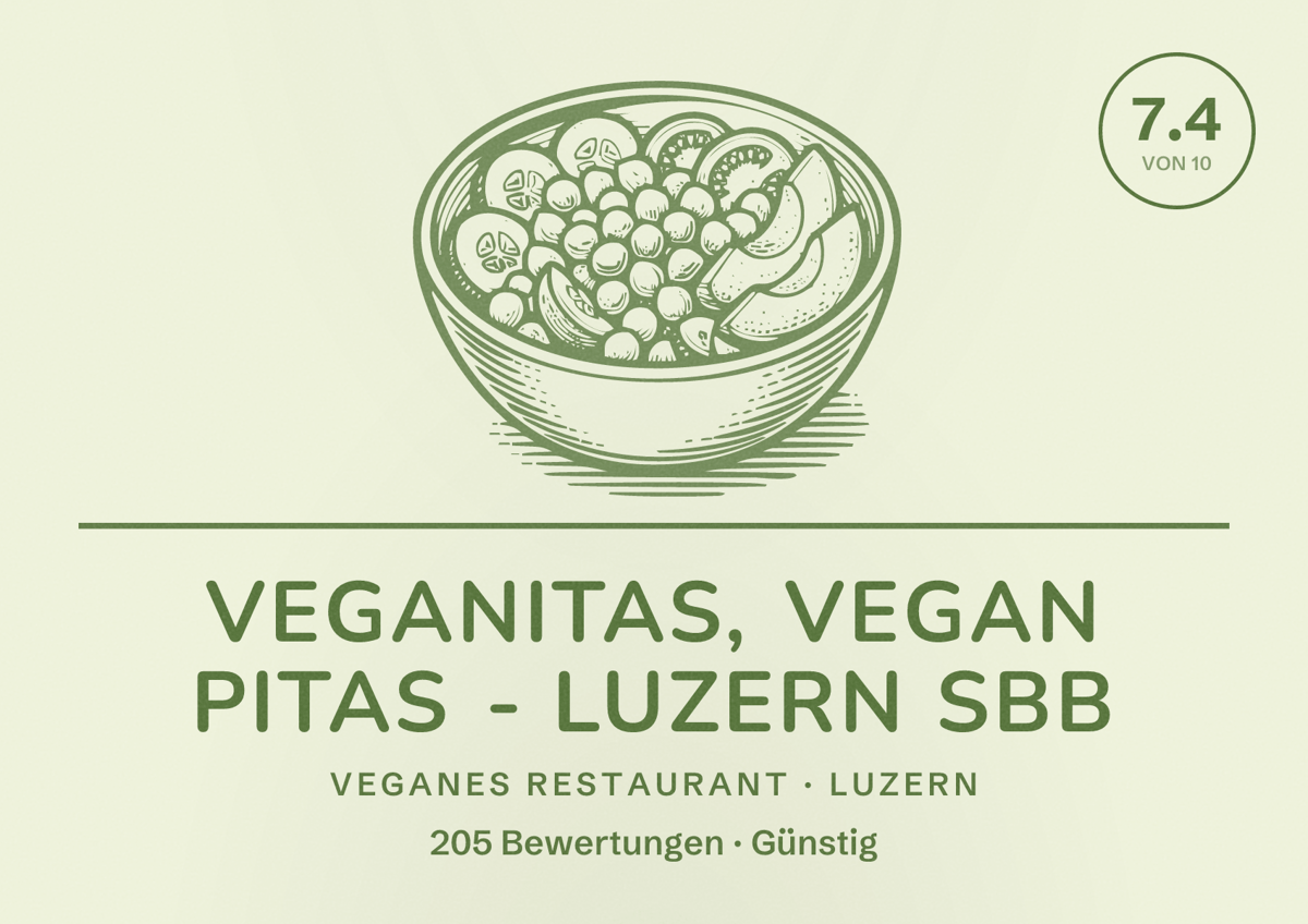 Illustriertes Poster von Veganitas, Vegan Pitas - Luzern SBB, Veganes Restaurant in Luzern: Bewertung 7.4 von 10 aus 205 Bewertungen, Preisniveau Günstig