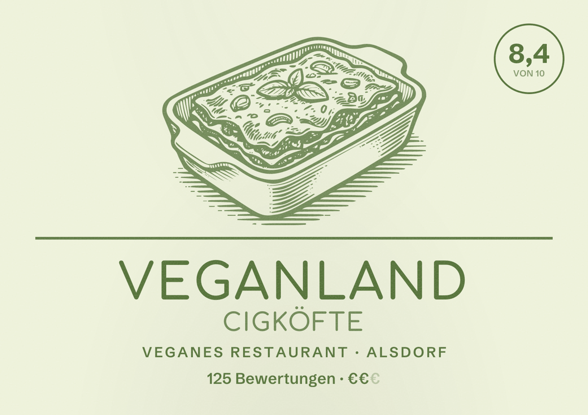 Illustriertes Poster von Veganland Cigköfte, Veganes Restaurant in Alsdorf: Bewertung 8,4 von 10 aus 125 Bewertungen, Preisniveau €€