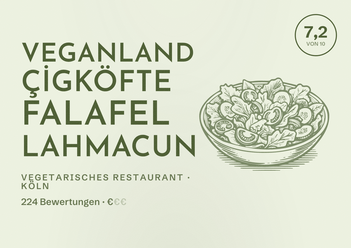 Illustriertes Poster von VEGANLAND ÇİGKÖFTE FALAFEL LAHMACUN, Vegetarisches Restaurant in Köln: Bewertung 7,2 von 10 aus 224 Bewertungen, Preisniveau €