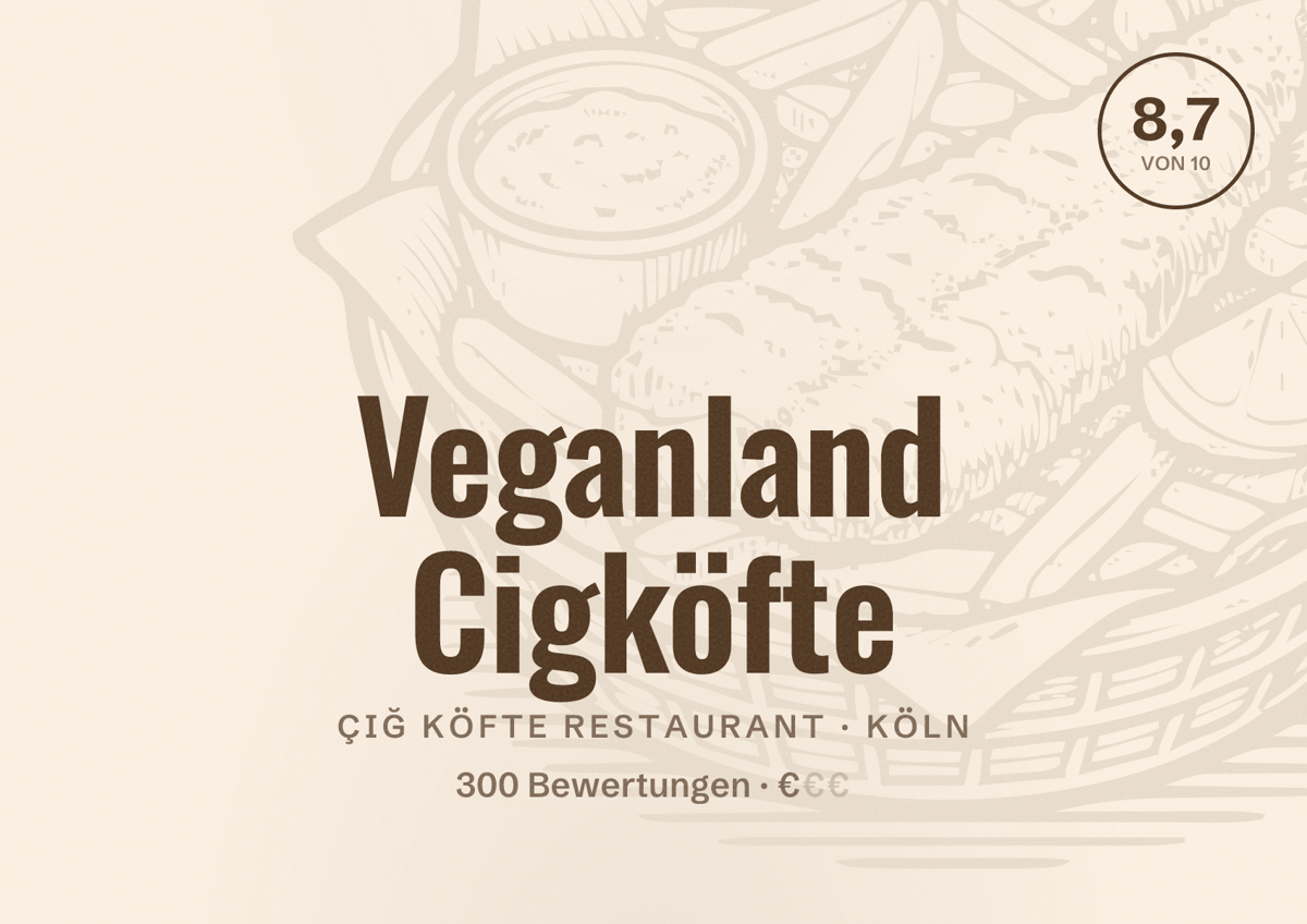 Illustriertes Poster von Veganland Cigköfte, Çiğ Köfte Restaurant in Köln: Bewertung 8,7 von 10 aus 300 Bewertungen, Preisniveau €