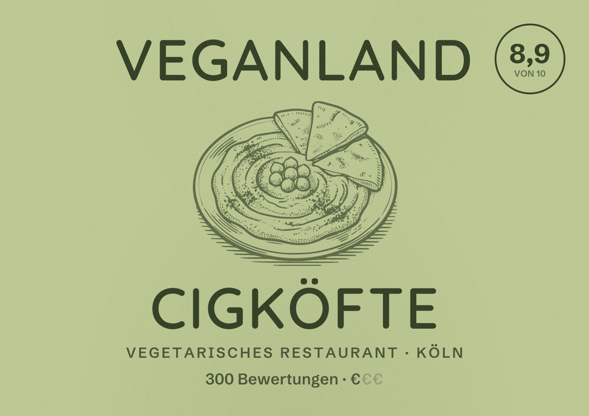 Illustriertes Poster von Veganland Cigköfte, Vegetarisches Restaurant in Köln: Bewertung 8,9 von 10 aus 300 Bewertungen, Preisniveau €