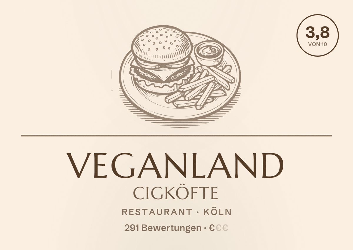 Illustriertes Poster von Veganland Cigköfte, Restaurant in Köln: Bewertung 3,8 von 10 aus 291 Bewertungen, Preisniveau €