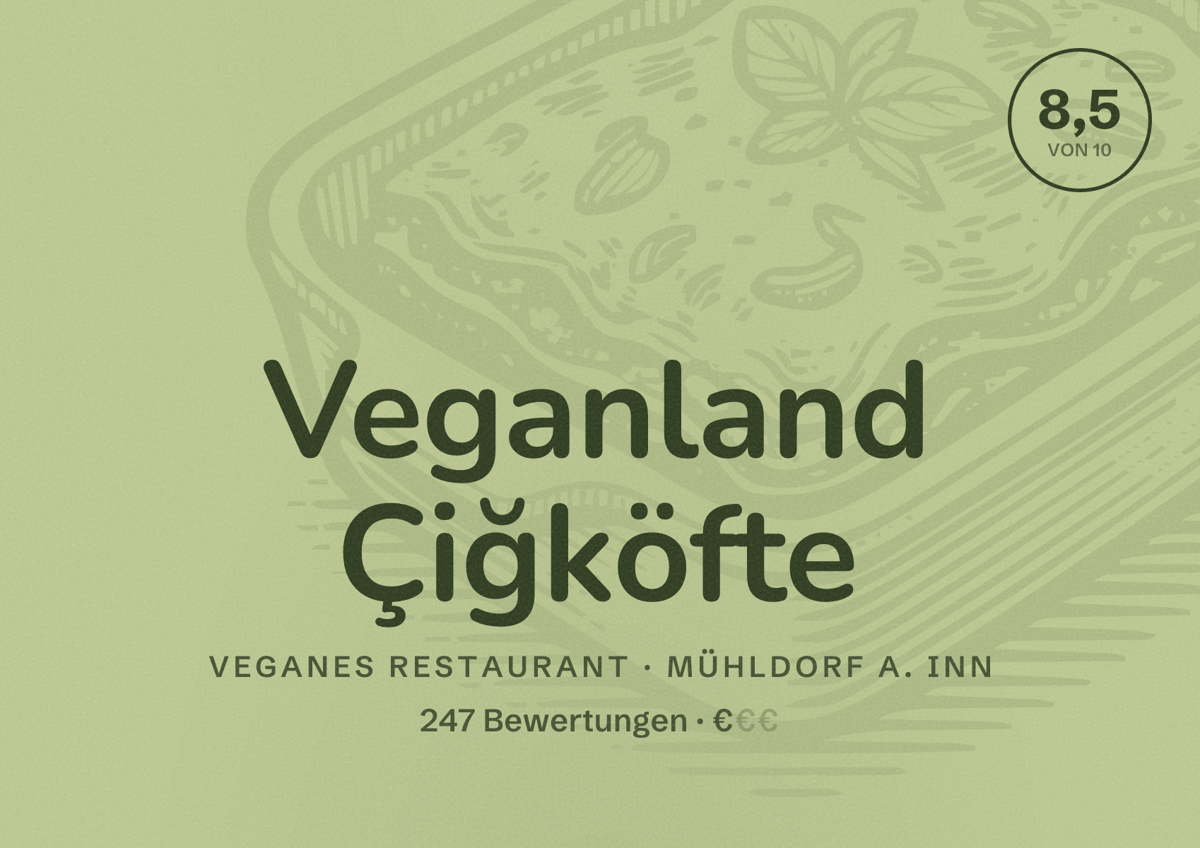 Illustriertes Poster von Veganland Çiğköfte, Veganes Restaurant in Mühldorf a. Inn: Bewertung 8,5 von 10 aus 247 Bewertungen, Preisniveau €