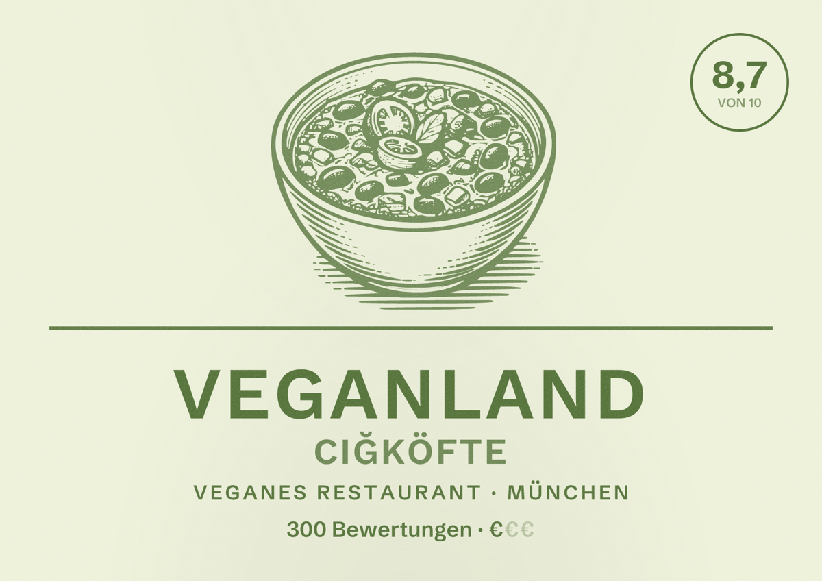 Illustriertes Poster von Veganland Ciğköfte, Veganes Restaurant in München: Bewertung 8,7 von 10 aus 300 Bewertungen, Preisniveau €