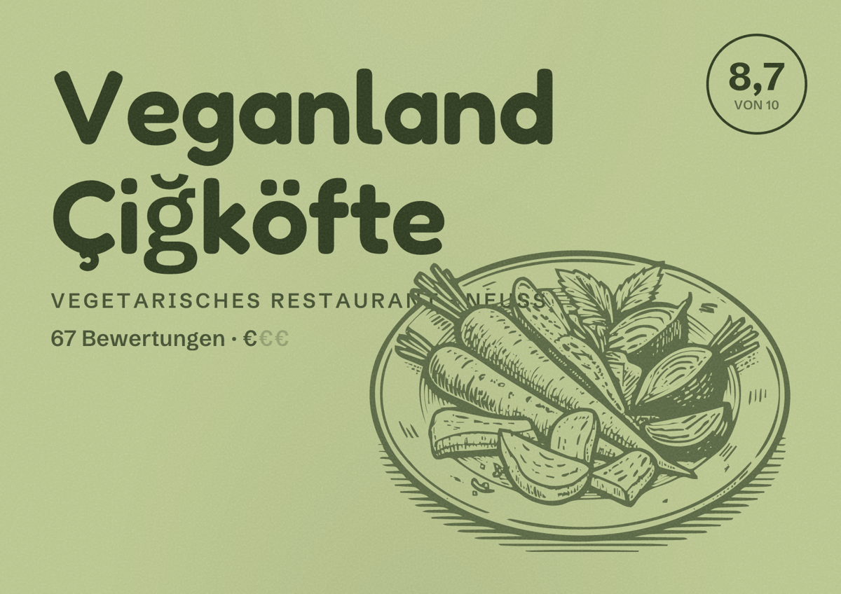 Illustriertes Poster von Veganland Çiğköfte, Vegetarisches Restaurant in Neuss: Bewertung 8,7 von 10 aus 67 Bewertungen, Preisniveau €