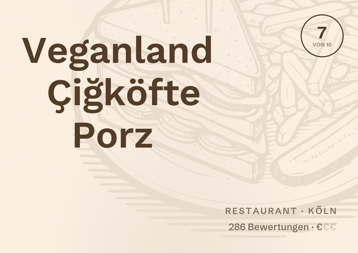 Illustriertes Poster von Veganland Çiğköfte Porz, Restaurant in Köln: Bewertung 7,0 von 10 aus 286 Bewertungen, Preisniveau €