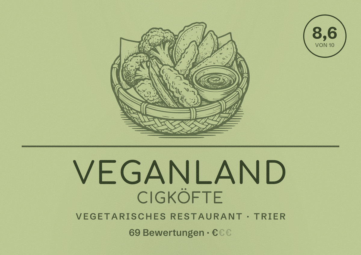 Illustriertes Poster von Veganland Cigköfte, Vegetarisches Restaurant in Trier: Bewertung 8,6 von 10 aus 69 Bewertungen, Preisniveau €