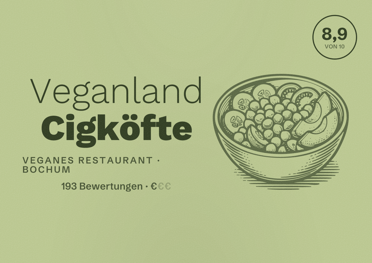 Illustriertes Poster von Veganland Cigköfte, Veganes Restaurant in Bochum: Bewertung 8,9 von 10 aus 193 Bewertungen, Preisniveau €