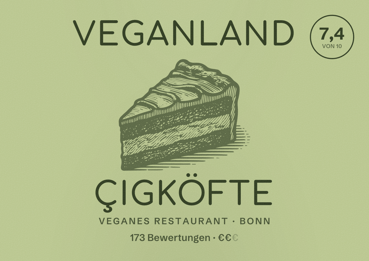 Illustriertes Poster von Veganland Çigköfte, Veganes Restaurant in Bonn: Bewertung 7,4 von 10 aus 173 Bewertungen, Preisniveau €€