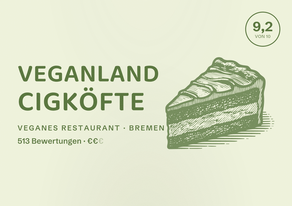 Illustriertes Poster von VeganLand Cigköfte, Veganes Restaurant in Bremen: Bewertung 9,2 von 10 aus 513 Bewertungen, Preisniveau €€