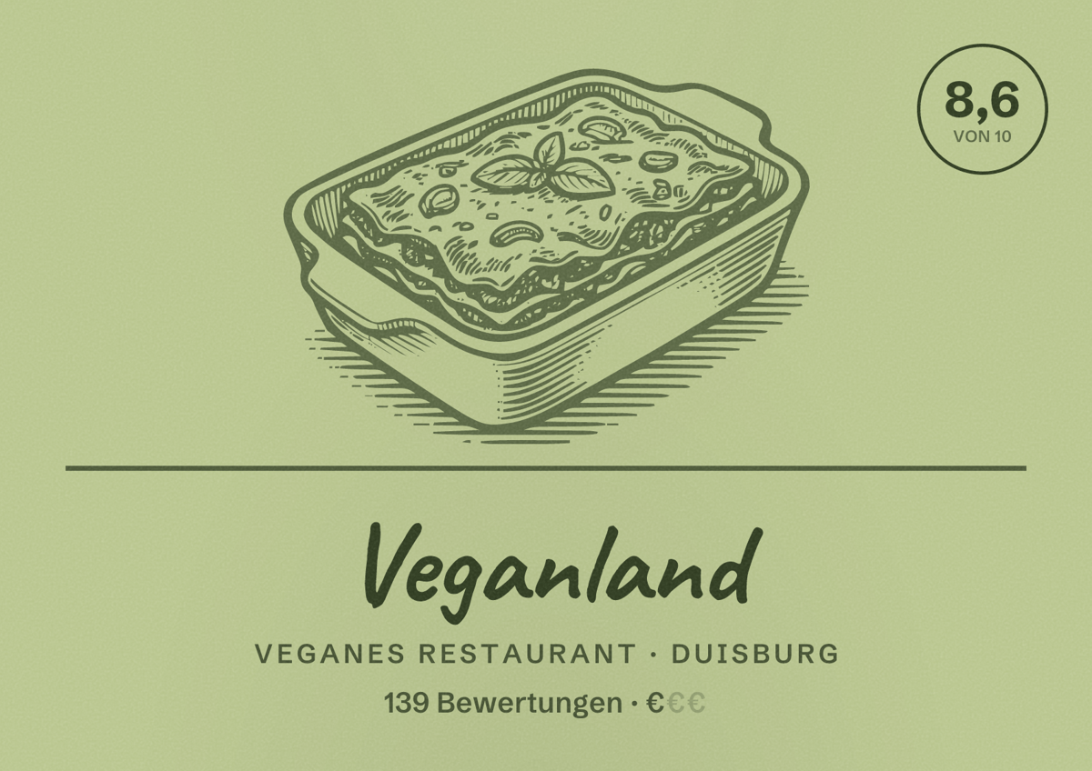 Illustriertes Poster von Veganland, Veganes Restaurant in Duisburg: Bewertung 8,6 von 10 aus 139 Bewertungen, Preisniveau €