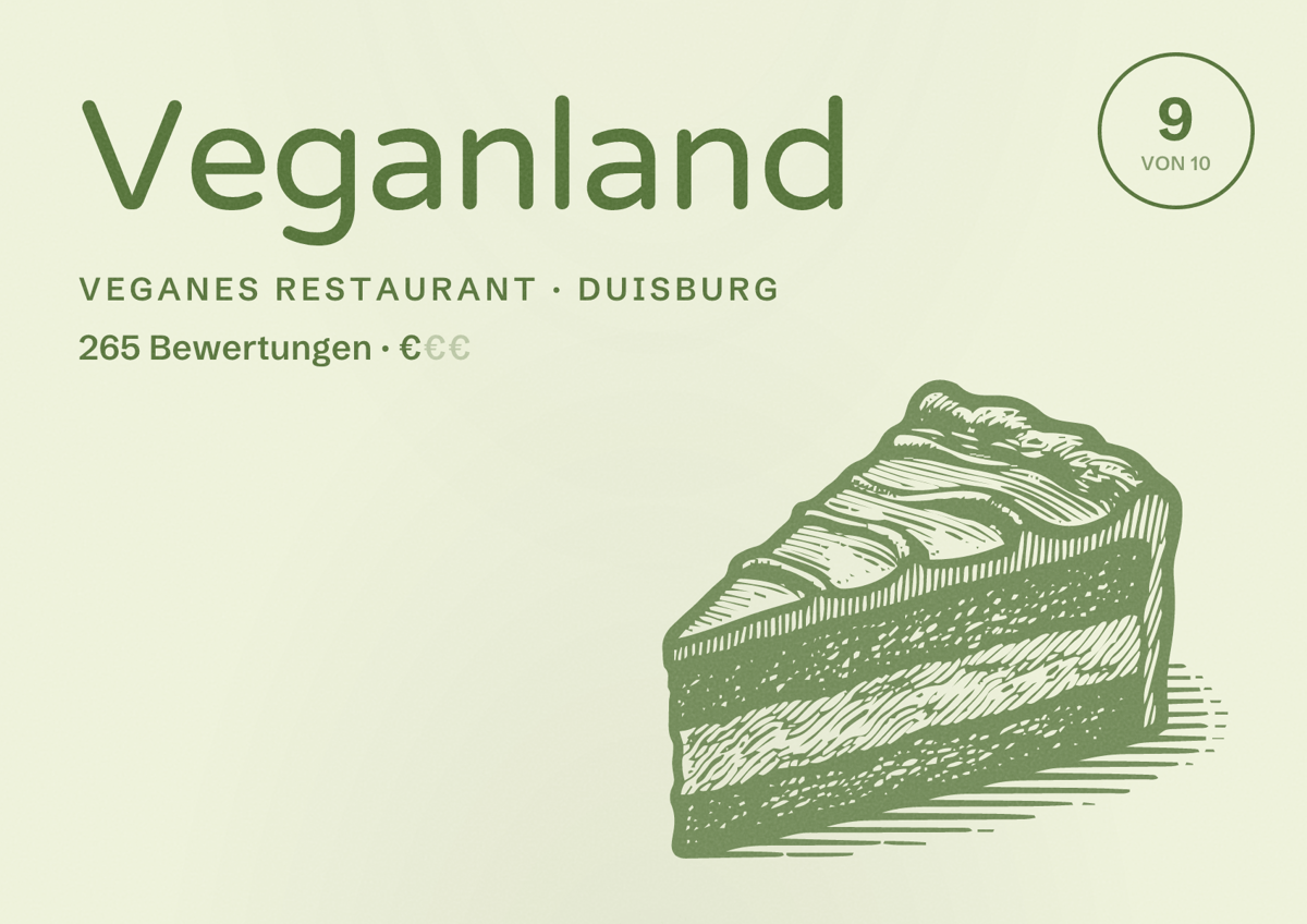 Illustriertes Poster von Veganland, Veganes Restaurant in Duisburg: Bewertung 9 von 10 aus 265 Bewertungen, Preisniveau €