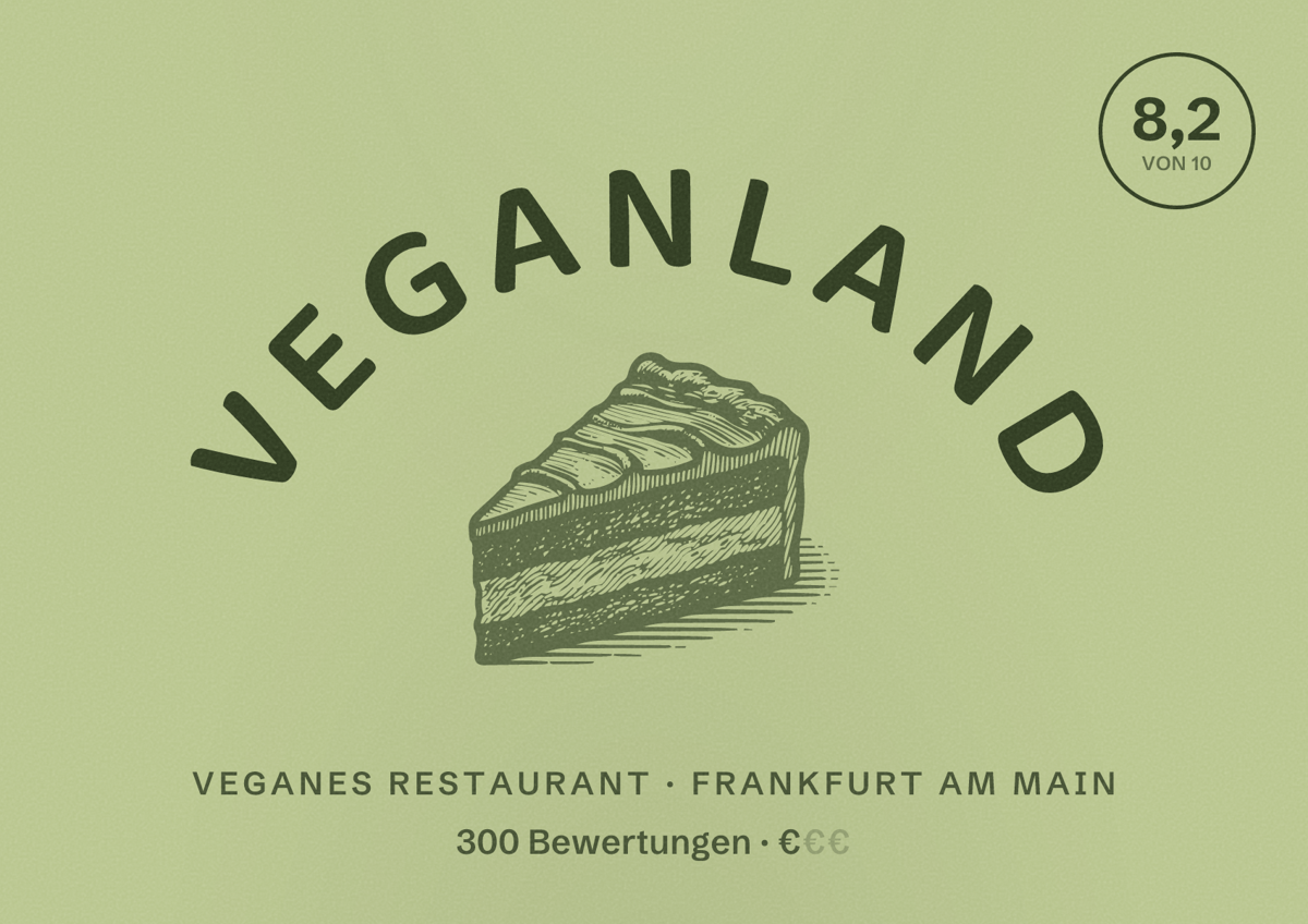 Illustriertes Poster von Veganland, Veganes Restaurant in Frankfurt am Main: Bewertung 8,2 von 10 aus 300 Bewertungen, Preisniveau €