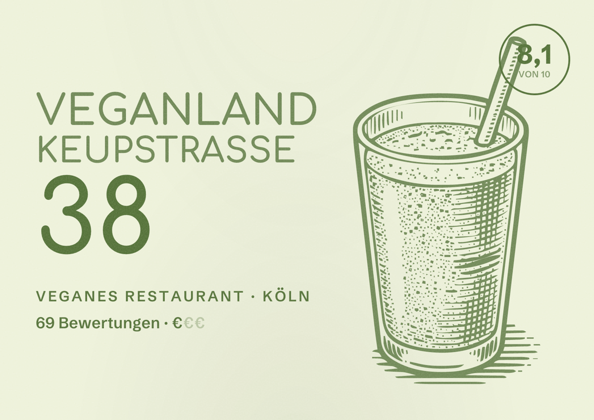 Illustriertes Poster von VeganLand Keupstrasse 38, Veganes Restaurant in Köln: Bewertung 8,1 von 10 aus 69 Bewertungen, Preisniveau €