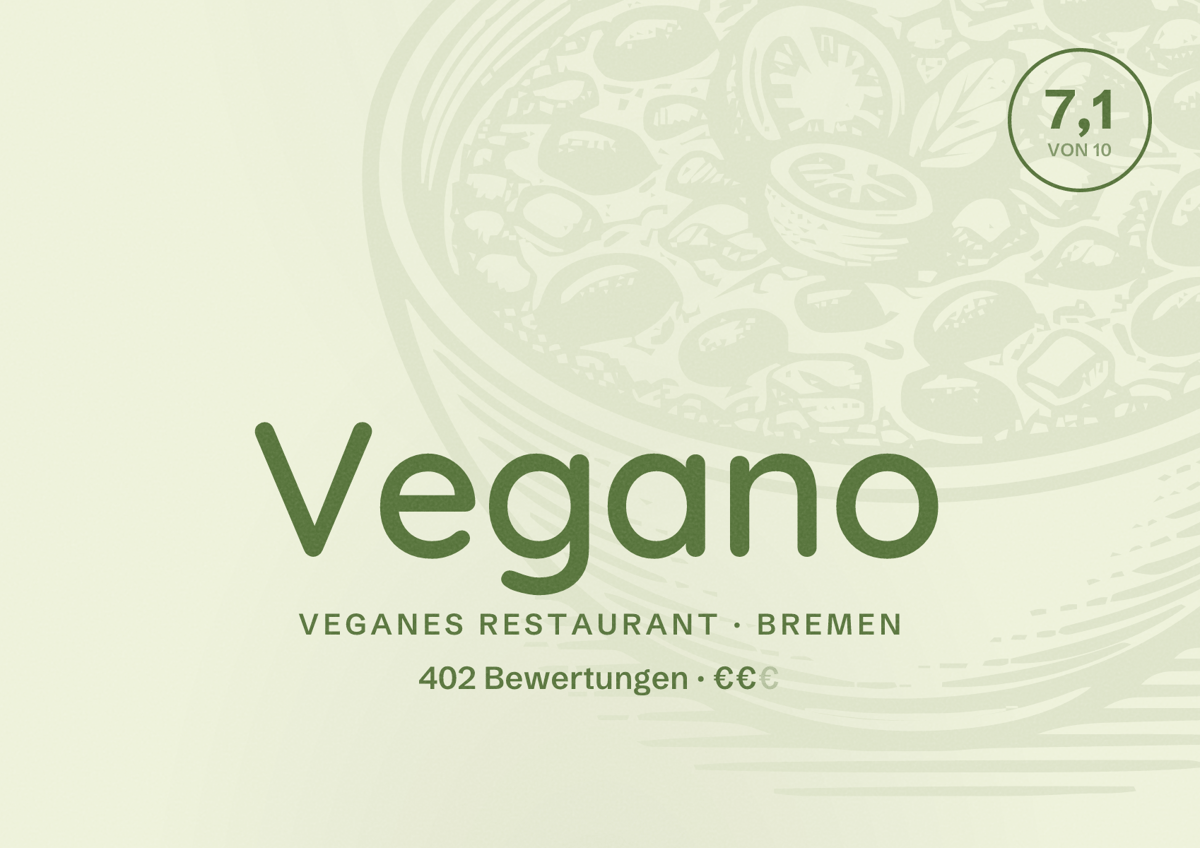 Illustriertes Poster von Vegano, Veganes Restaurant in Bremen: Bewertung 7,1 von 10 aus 402 Bewertungen, Preisniveau €€