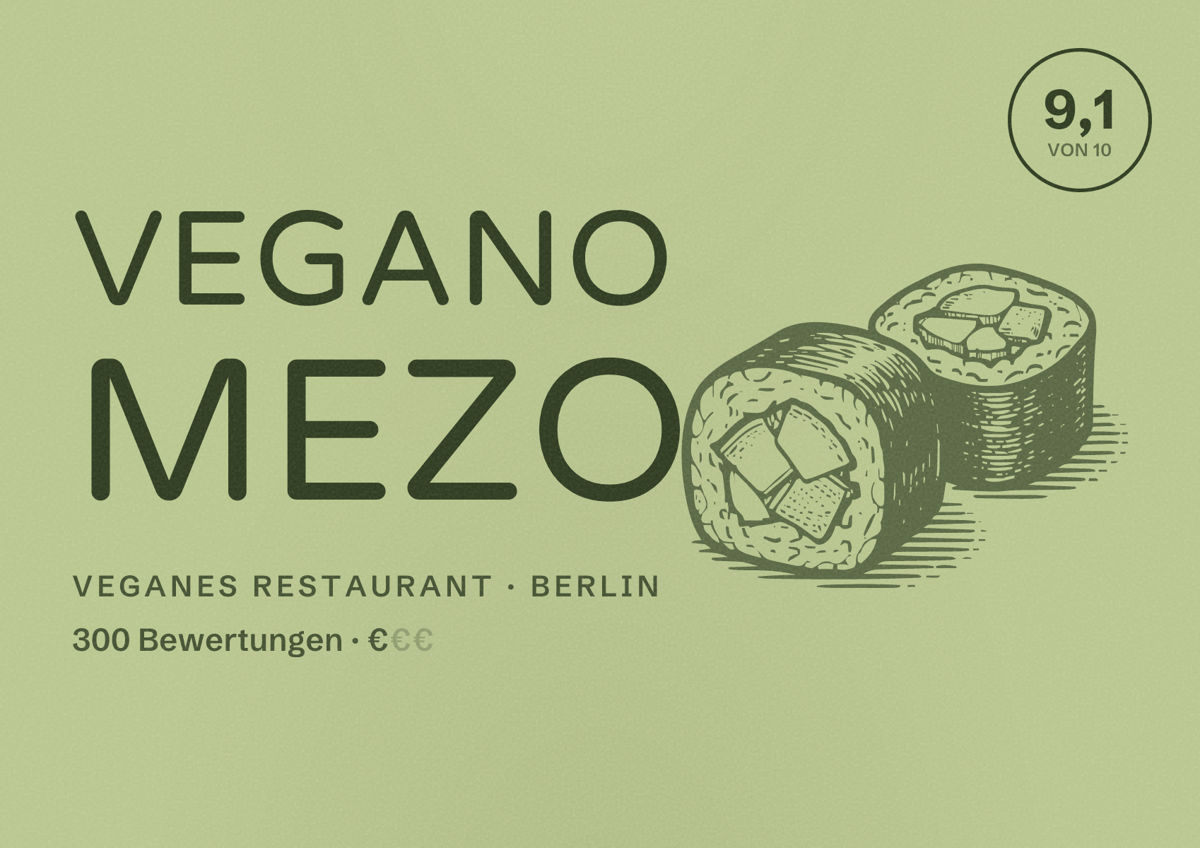 Illustriertes Poster von Vegano Mezo, Veganes Restaurant in Berlin: Bewertung 9,1 von 10 aus 300 Bewertungen, Preisniveau €
