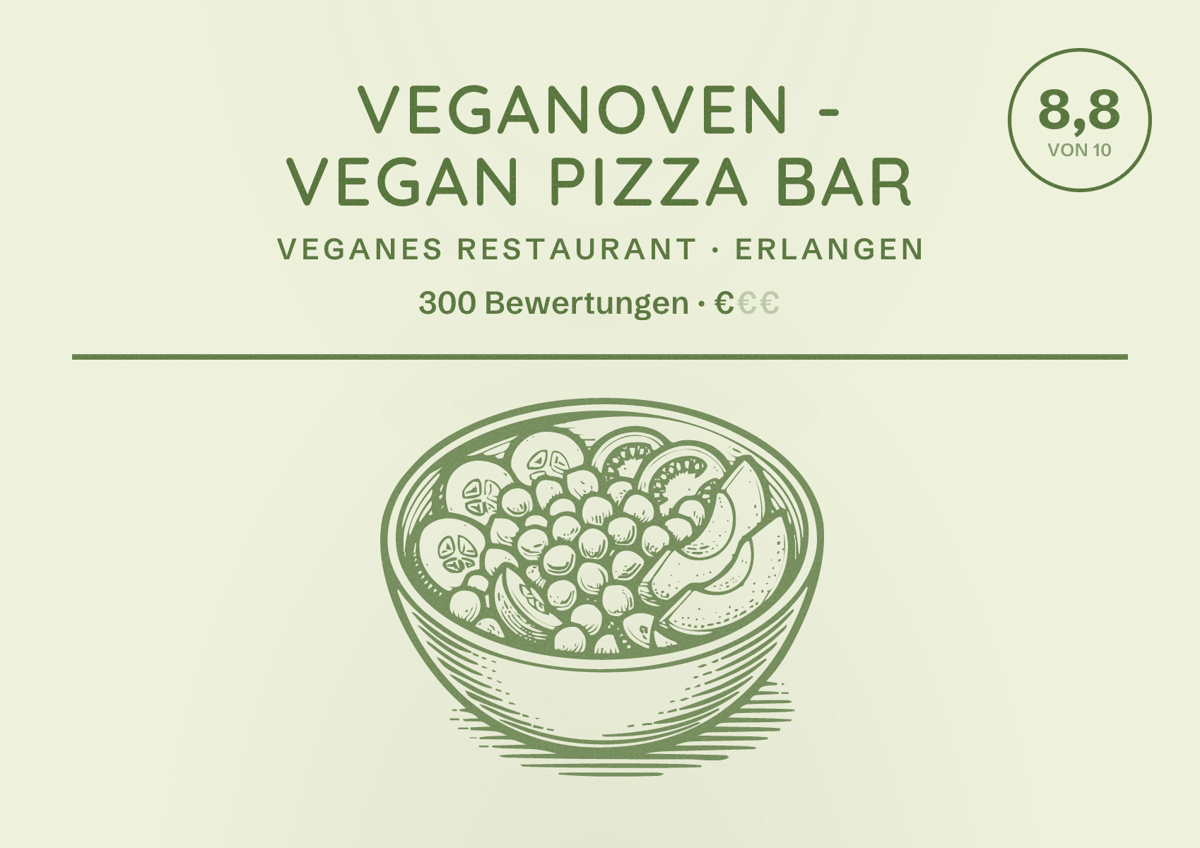 Illustriertes Poster von Veganoven - Vegan Pizza Bar, Veganes Restaurant in Erlangen: Bewertung 8,8 von 10 aus 300 Bewertungen, Preisniveau €
