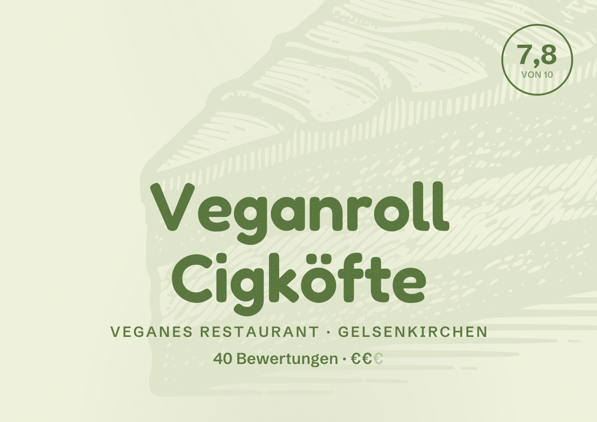 Illustriertes Poster von Veganroll Cigköfte, Veganes Restaurant in Gelsenkirchen: Bewertung 7,8 von 10 aus 40 Bewertungen, Preisniveau €€