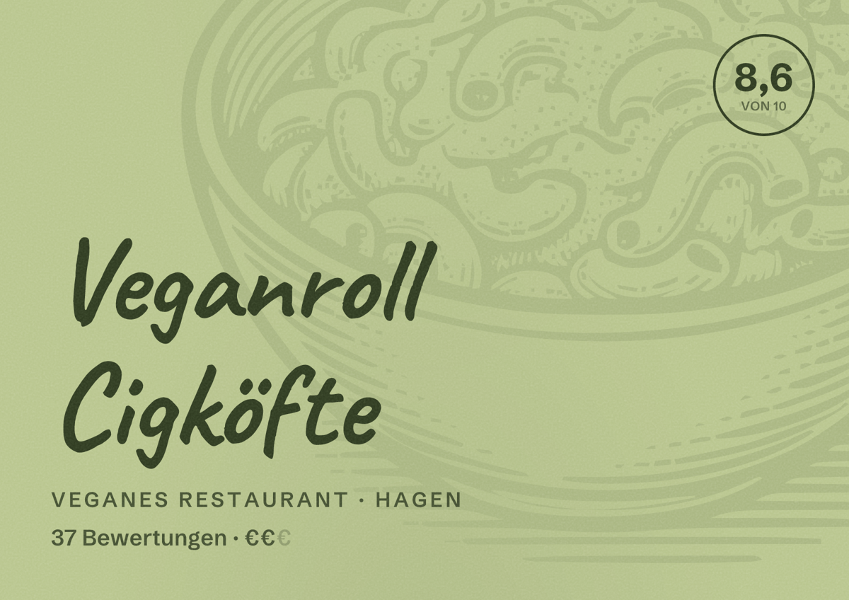 Illustriertes Poster von Veganroll Cigköfte, Veganes Restaurant in Hagen: Bewertung 8,6 von 10 aus 37 Bewertungen, Preisniveau €€