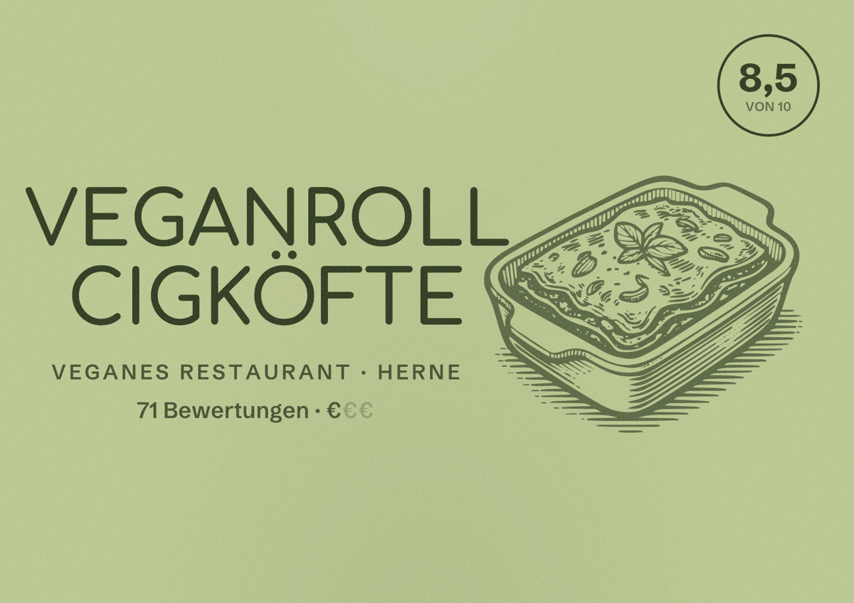 Illustriertes Poster von VEGANROLL CIGKÖFTE, Veganes Restaurant in Herne: Bewertung 8,5 von 10 aus 71 Bewertungen, Preisniveau €
