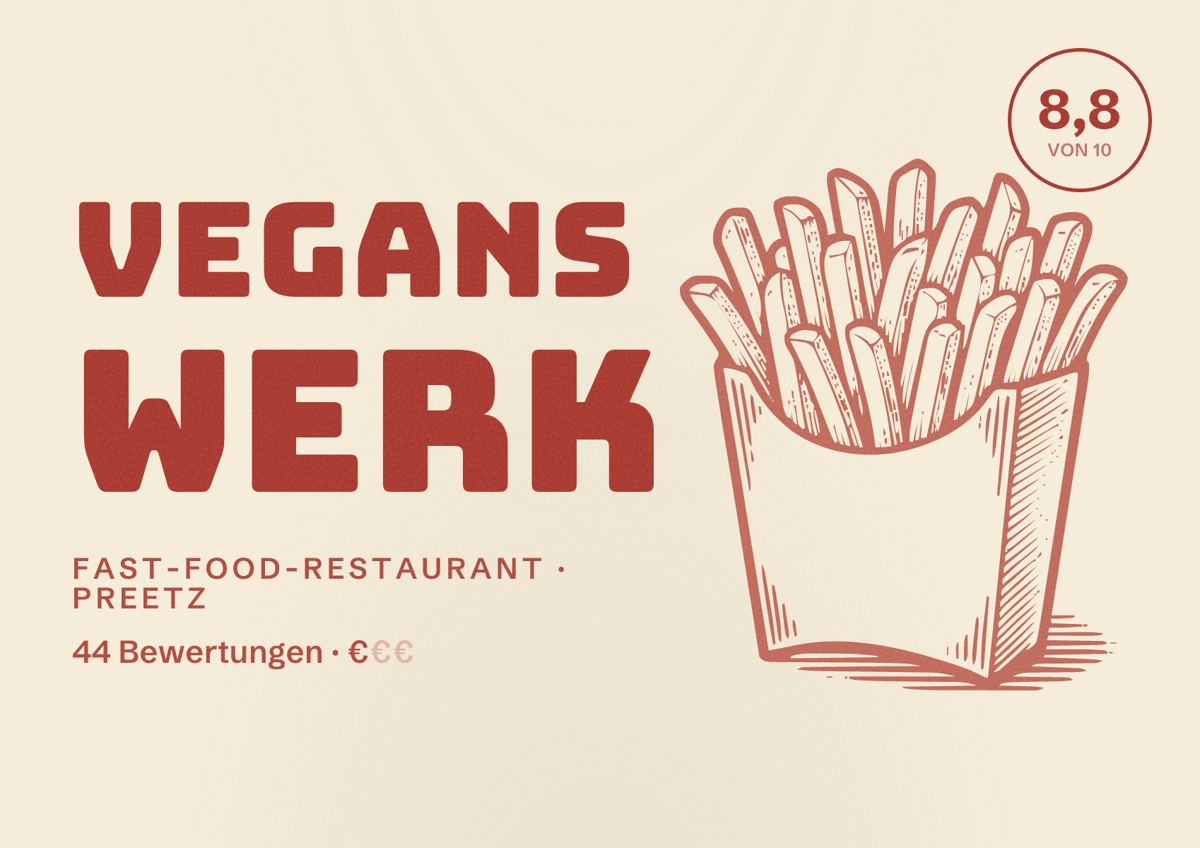 Illustriertes Poster von Vegans Werk, Fast-Food-Restaurant in Preetz: Bewertung 8,8 von 10 aus 44 Bewertungen, Preisniveau €