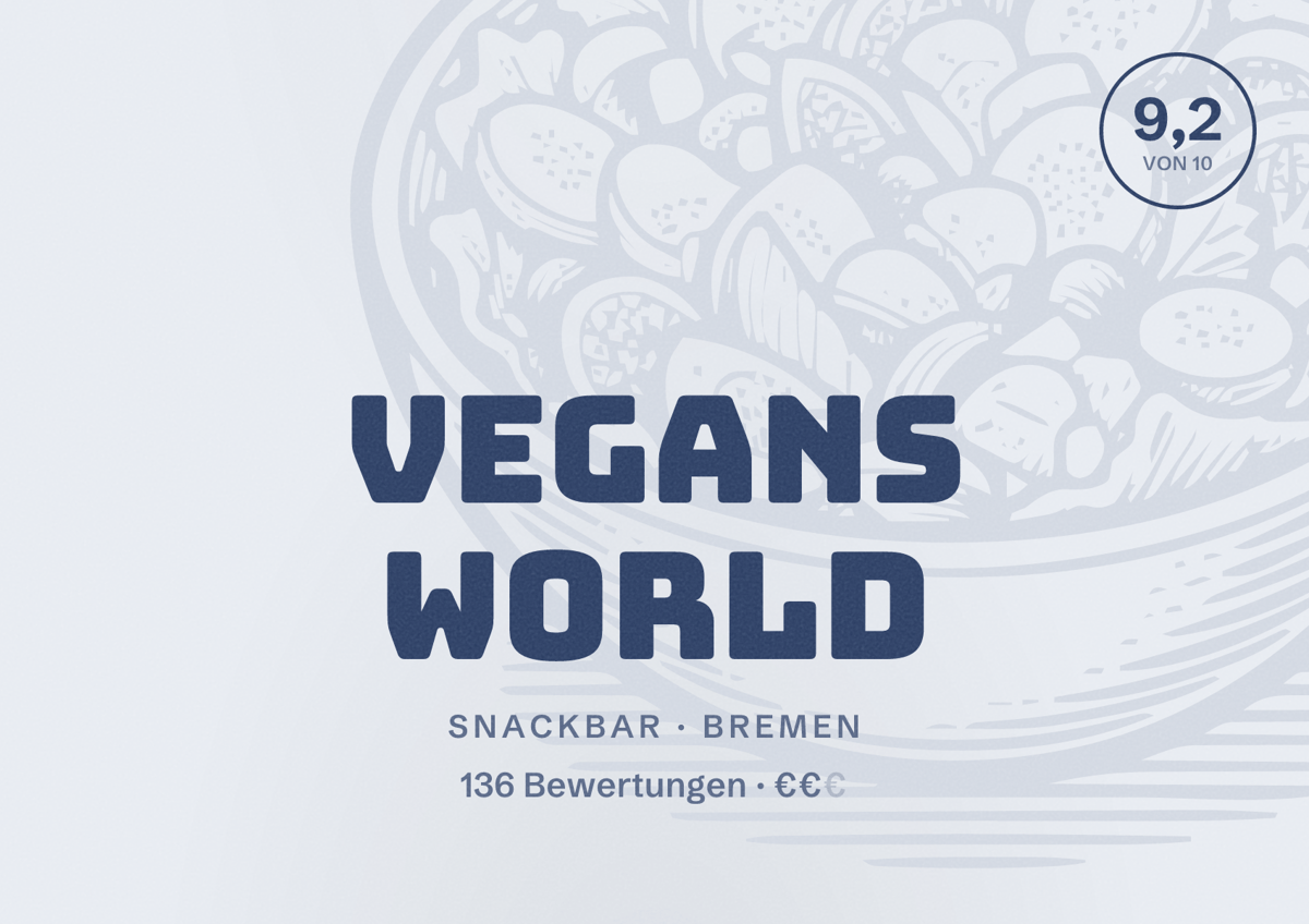 Illustriertes Poster von Vegans World, Snackbar in Bremen: Bewertung 9,2 von 10 aus 136 Bewertungen, Preisniveau €€