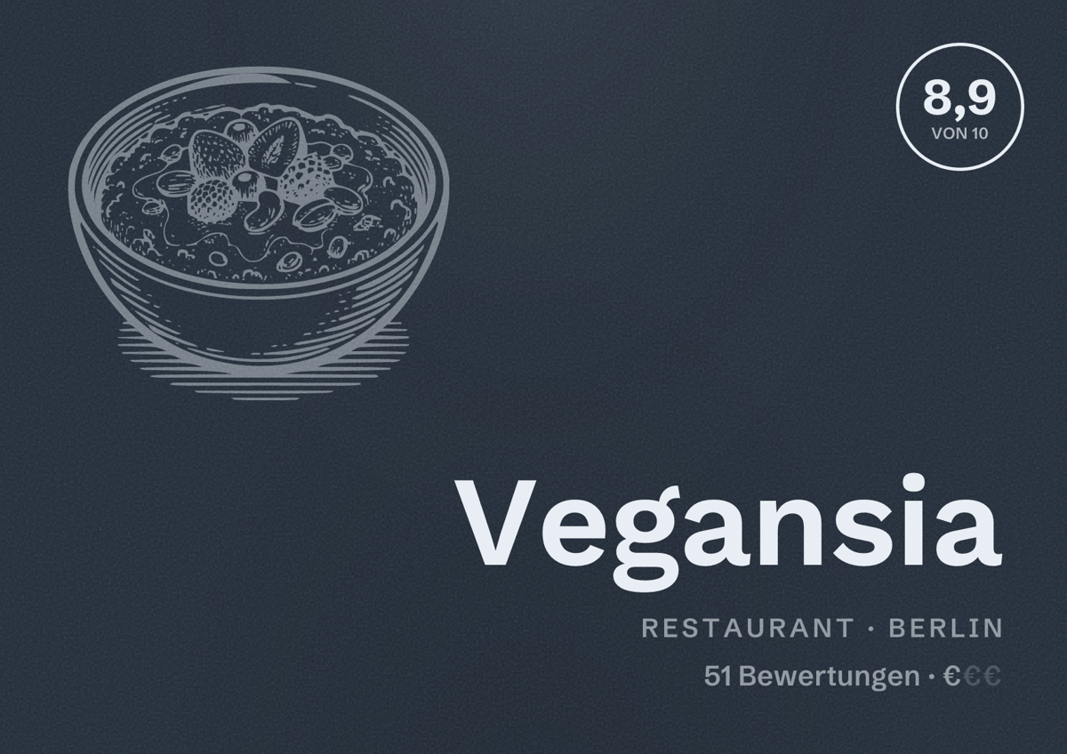 Illustriertes Poster von Vegansia, Restaurant in Berlin: Bewertung 8,9 von 10 aus 51 Bewertungen, Preisniveau €