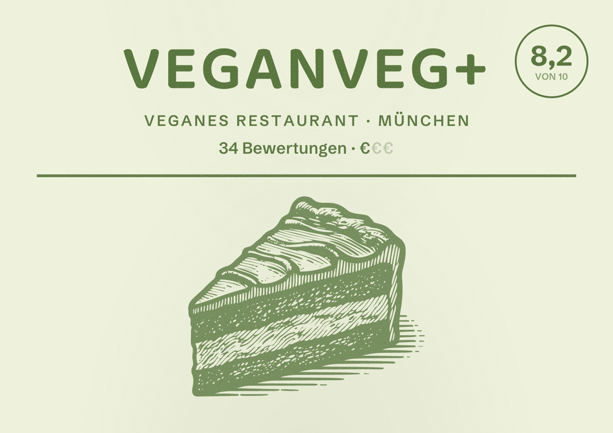 Illustriertes Poster von VeganVeg+, Veganes Restaurant in München: Bewertung 8,2 von 10 aus 34 Bewertungen, Preisniveau €