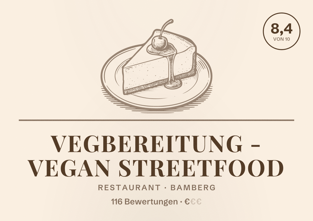 Illustriertes Poster von Vegbereitung - Vegan Streetfood, Restaurant in Bamberg: Bewertung 8,4 von 10 aus 116 Bewertungen, Preisniveau €