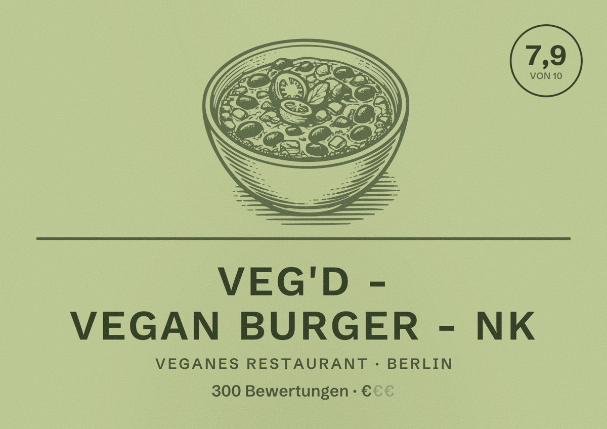 Illustriertes Poster von VEG'D - Vegan Burger - NK, Veganes Restaurant in Berlin: Bewertung 7,9 von 10 aus 300 Bewertungen, Preisniveau €