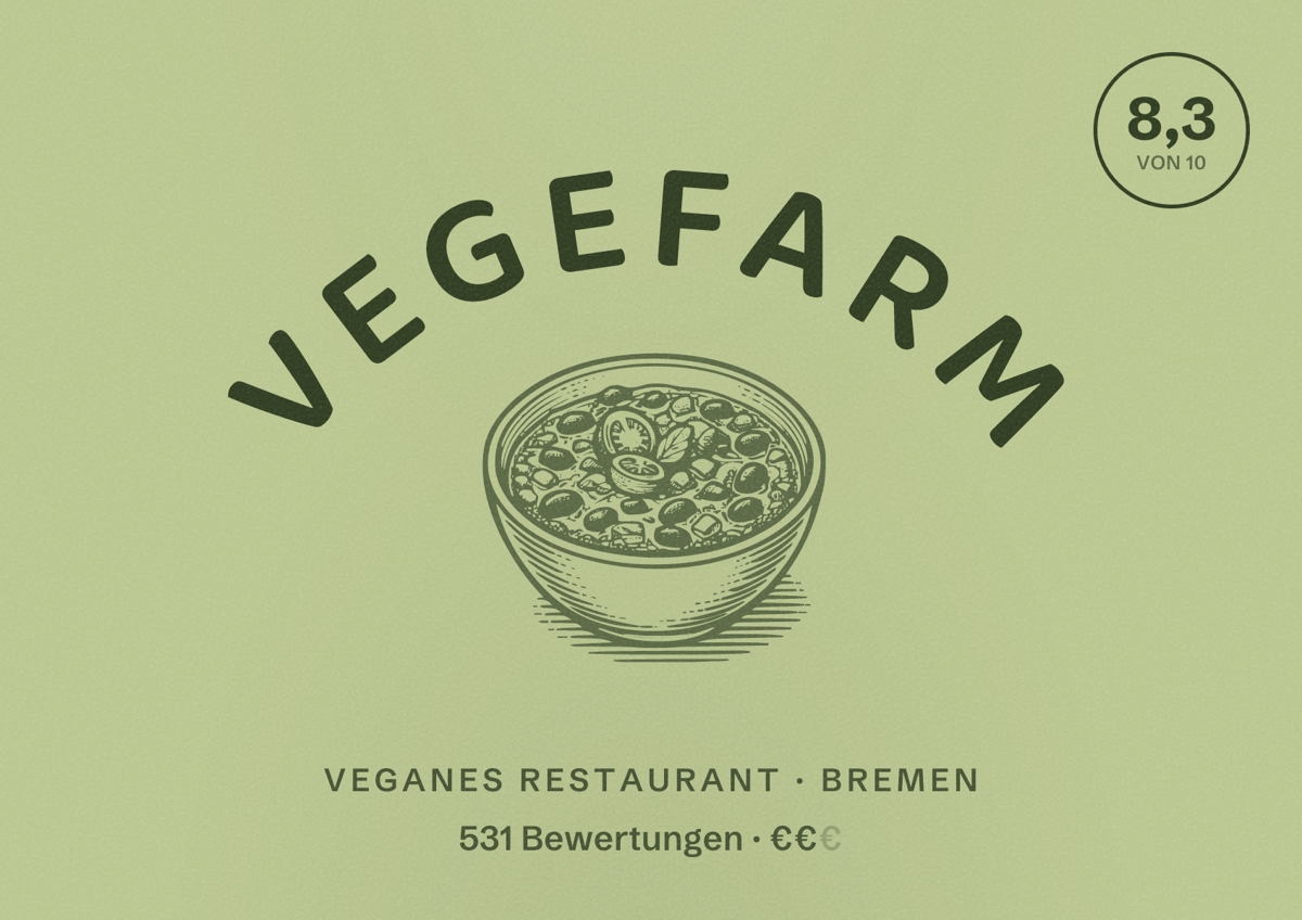 Illustriertes Poster von VEGEFARM, Veganes Restaurant in Bremen: Bewertung 8,3 von 10 aus 531 Bewertungen, Preisniveau €€
