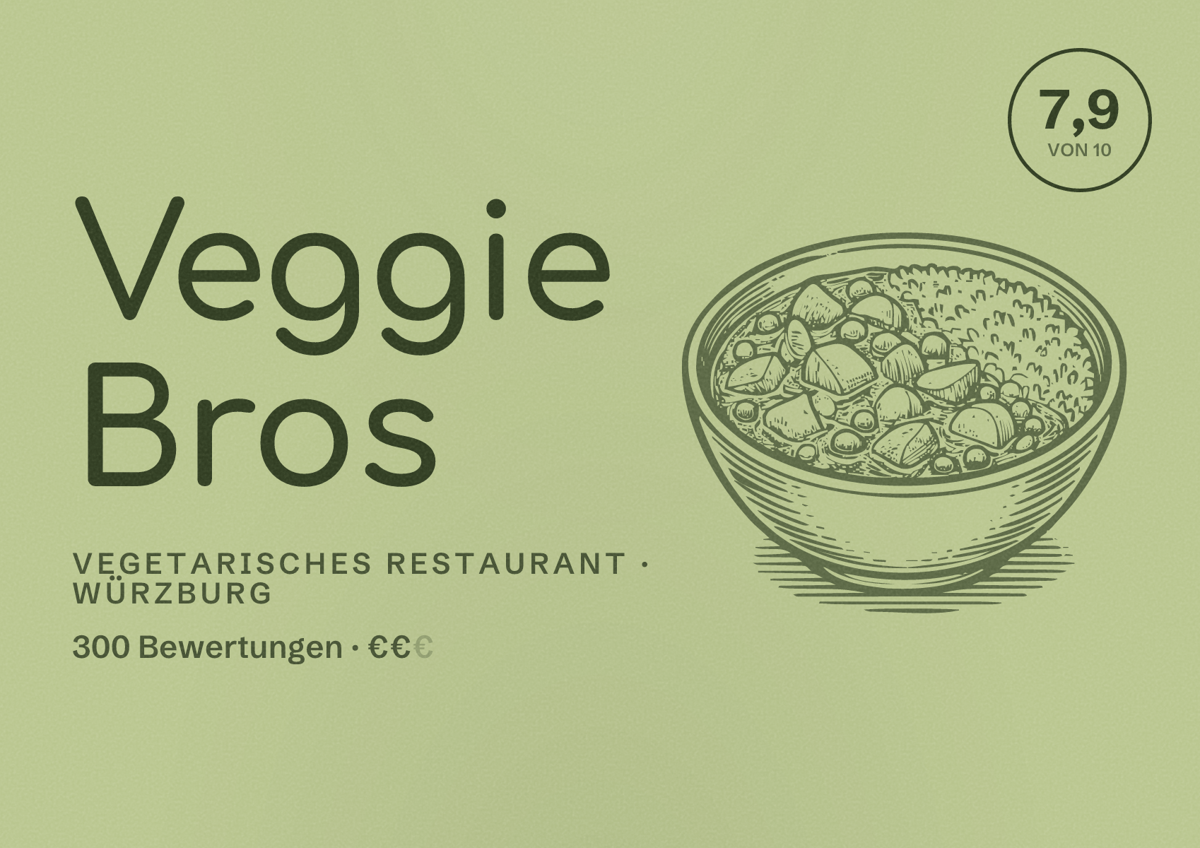 Illustriertes Poster von Veggie Bros, Vegetarisches Restaurant in Würzburg: Bewertung 7,9 von 10 aus 300 Bewertungen, Preisniveau €€
