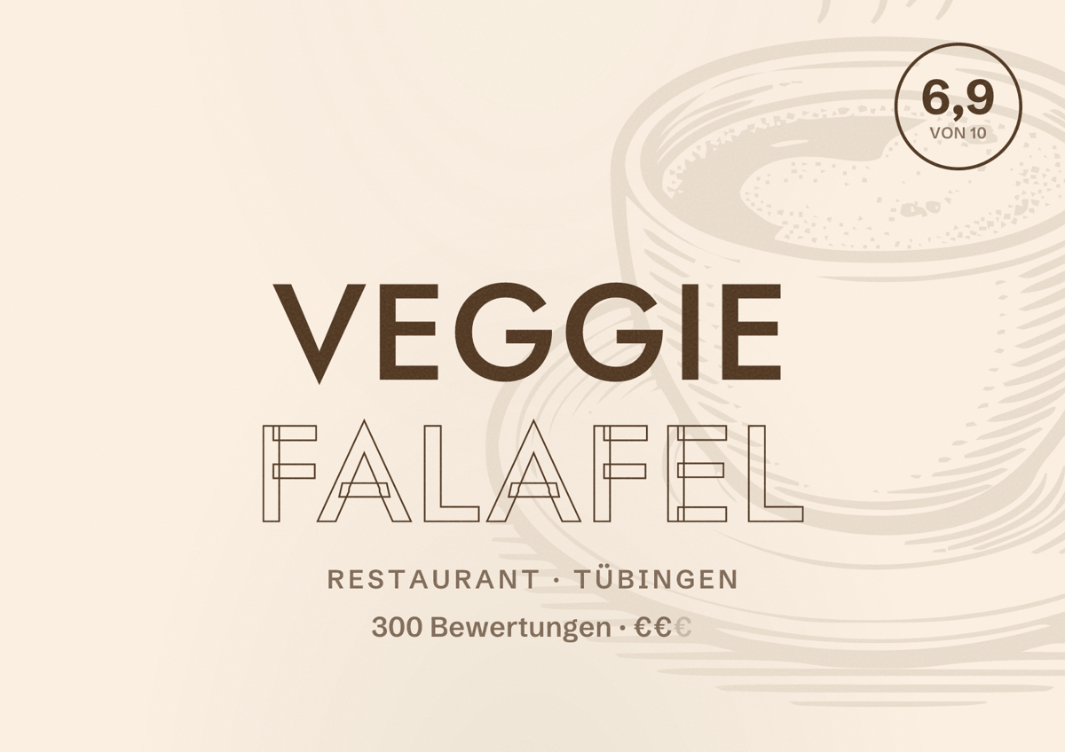 Illustriertes Poster von Veggie Falafel, Restaurant in Tübingen: Bewertung 6,9 von 10 aus 300 Bewertungen, Preisniveau €€