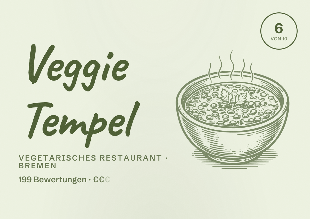 Illustriertes Poster von Veggie Tempel, Vegetarisches Restaurant in Bremen: Bewertung 6 von 10 aus 199 Bewertungen, Preisniveau €€