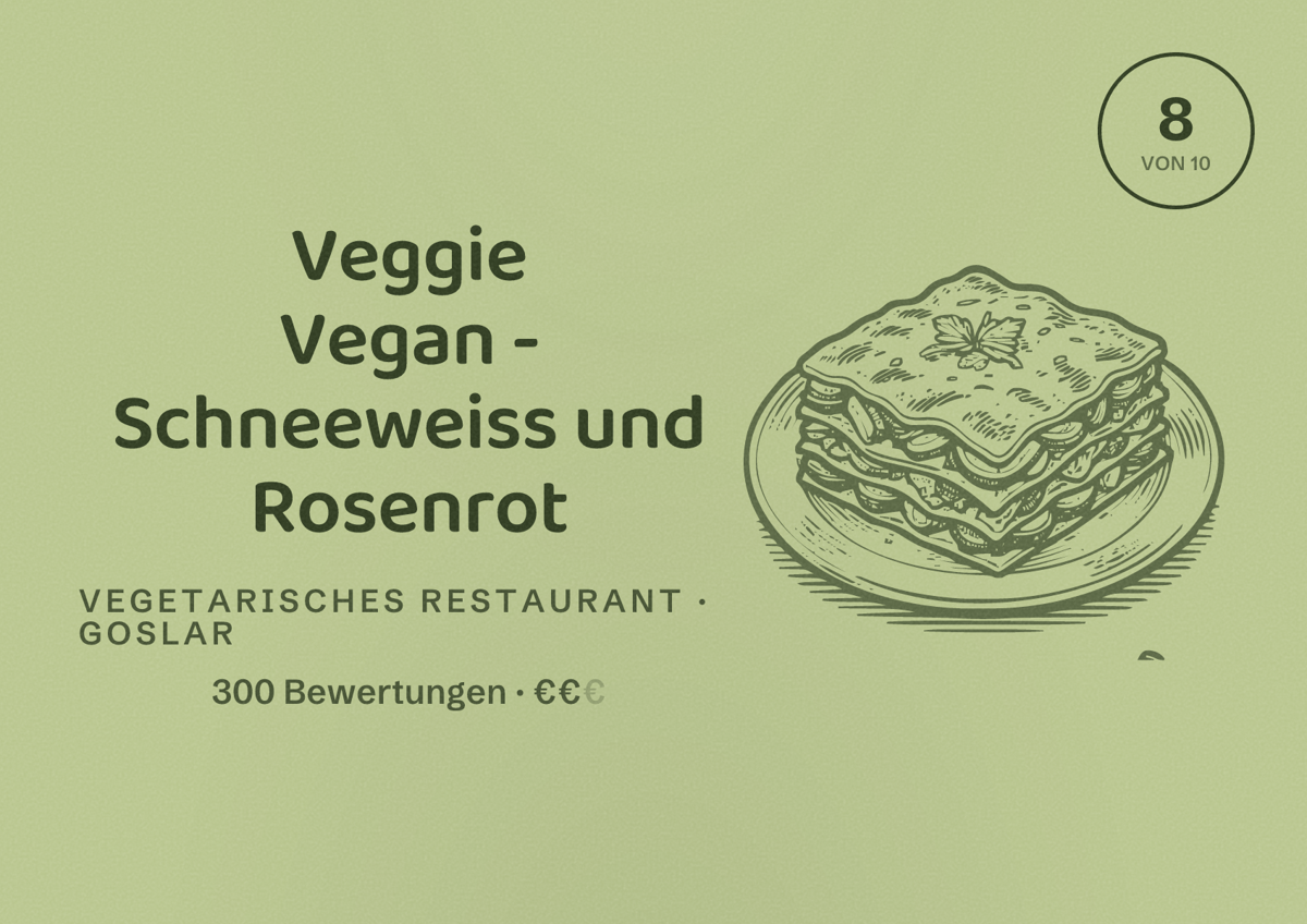 Illustriertes Poster von Veggie Vegan - Schneeweiss und Rosenrot, Vegetarisches Restaurant in Goslar: Bewertung 8 von 10 aus 300 Bewertungen, Preisniveau €€