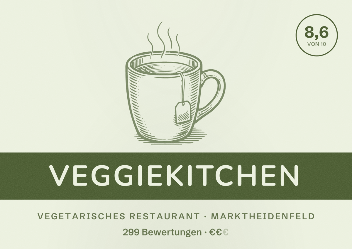 Illustriertes Poster von VeggieKitchen, Vegetarisches Restaurant in Marktheidenfeld: Bewertung 8,6 von 10 aus 299 Bewertungen, Preisniveau €€