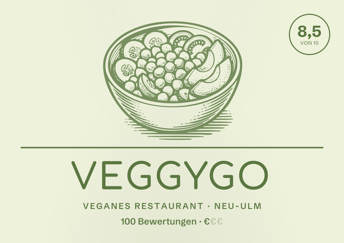 Illustriertes Poster von VeggyGO, Veganes Restaurant in Neu-Ulm: Bewertung 8,5 von 10 aus 100 Bewertungen, Preisniveau €