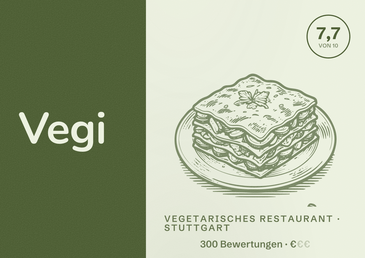 Illustriertes Poster von Vegi, Vegetarisches Restaurant in Stuttgart: Bewertung 7,7 von 10 aus 300 Bewertungen, Preisniveau €
