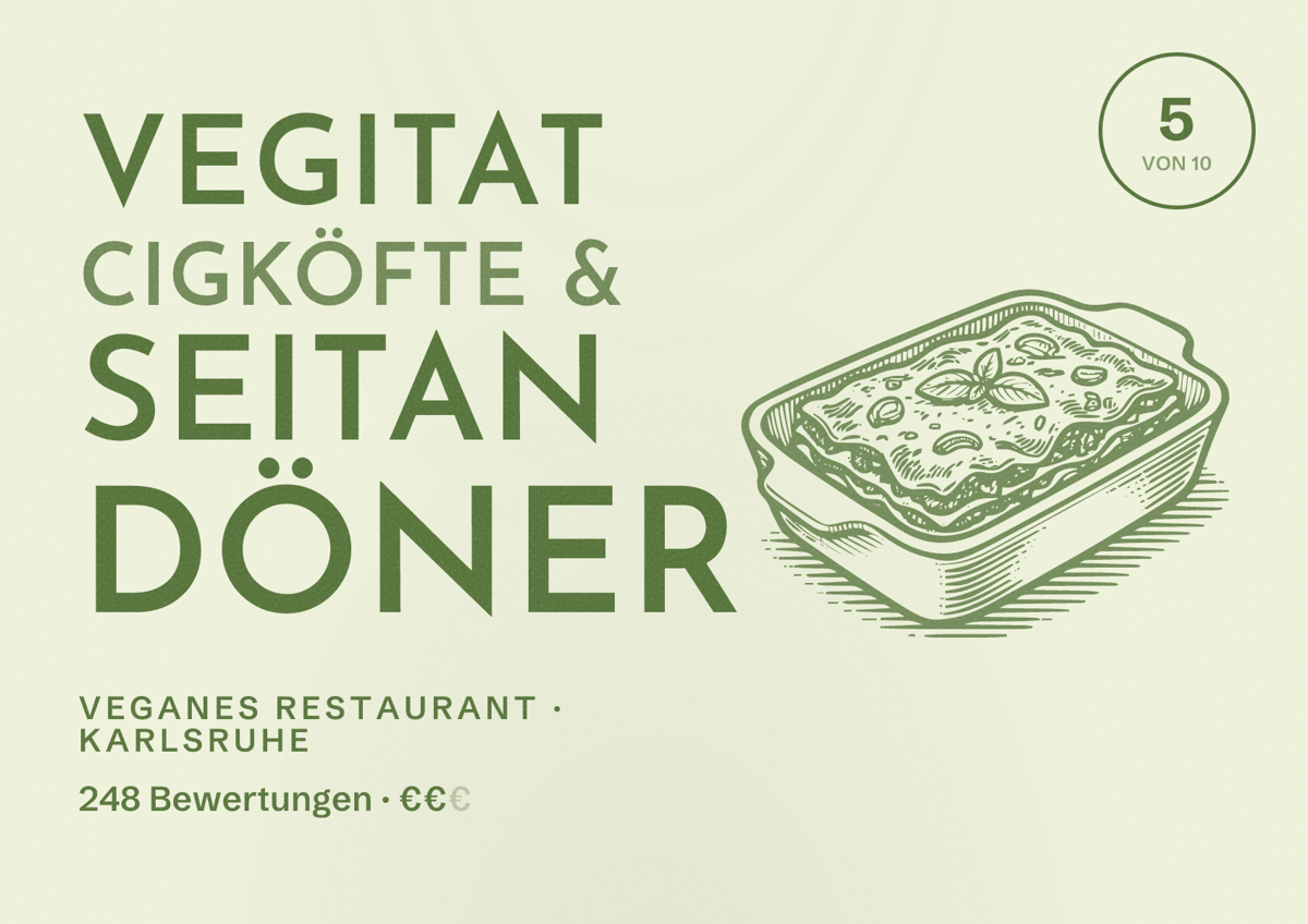 Illustriertes Poster von Vegitat Cigköfte & Seitan Döner, Veganes Restaurant in Karlsruhe: Bewertung 5 von 10 aus 248 Bewertungen, Preisniveau €€