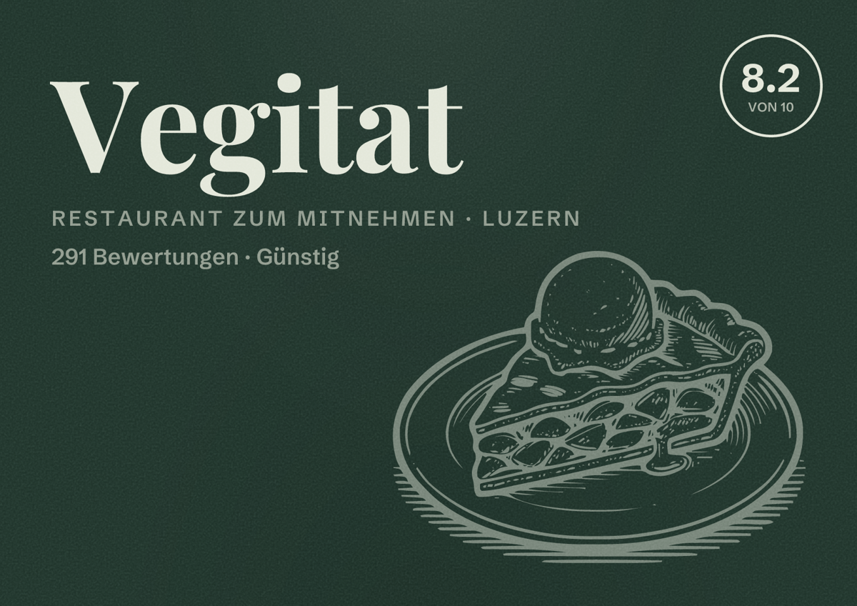 Illustriertes Poster von Vegitat, Restaurant zum Mitnehmen in Luzern: Bewertung 8.2 von 10 aus 291 Bewertungen, Preisniveau Günstig