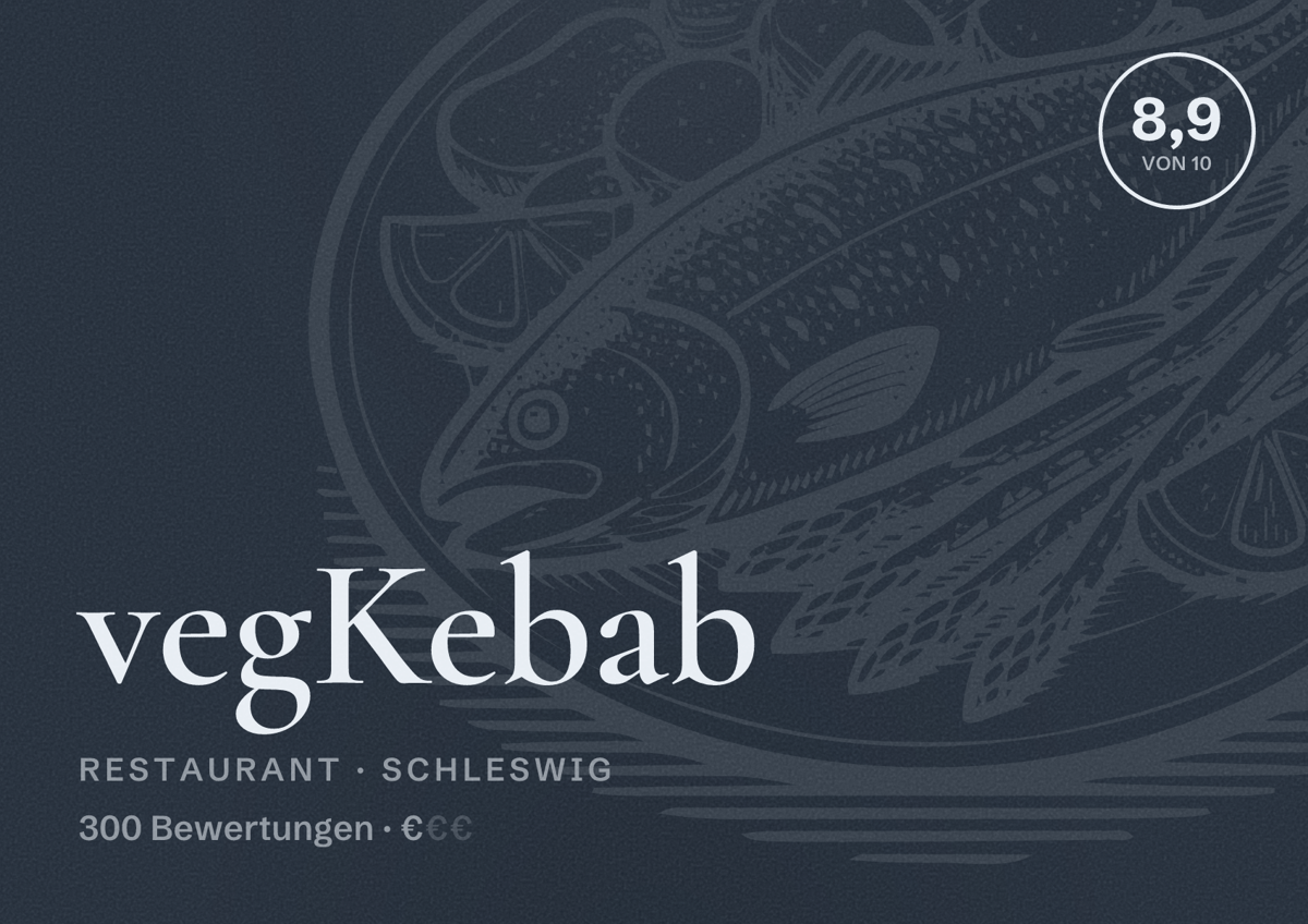 Illustriertes Poster von vegKebab, Restaurant in Schleswig: Bewertung 8,9 von 10 aus 300 Bewertungen, Preisniveau €