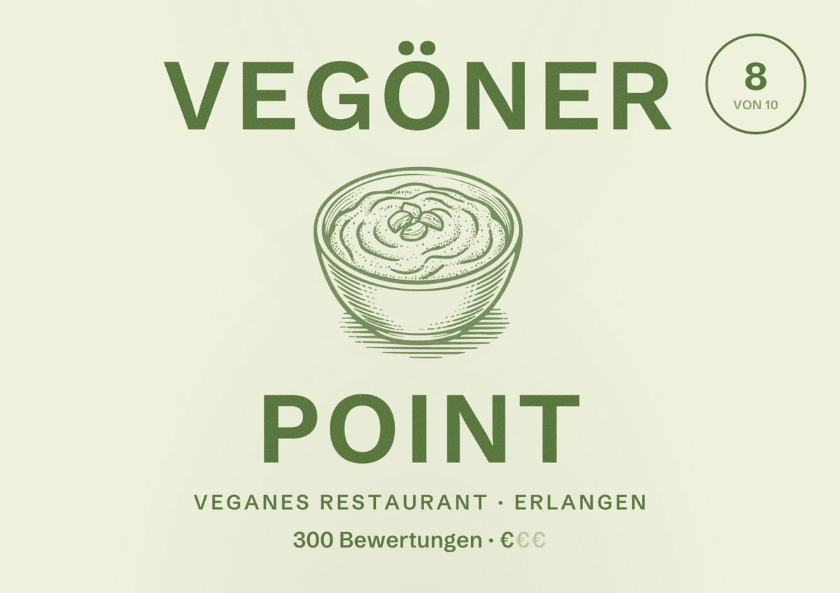 Illustriertes Poster von Vegöner Point, Veganes Restaurant in Erlangen: Bewertung 8 von 10 aus 300 Bewertungen, Preisniveau €