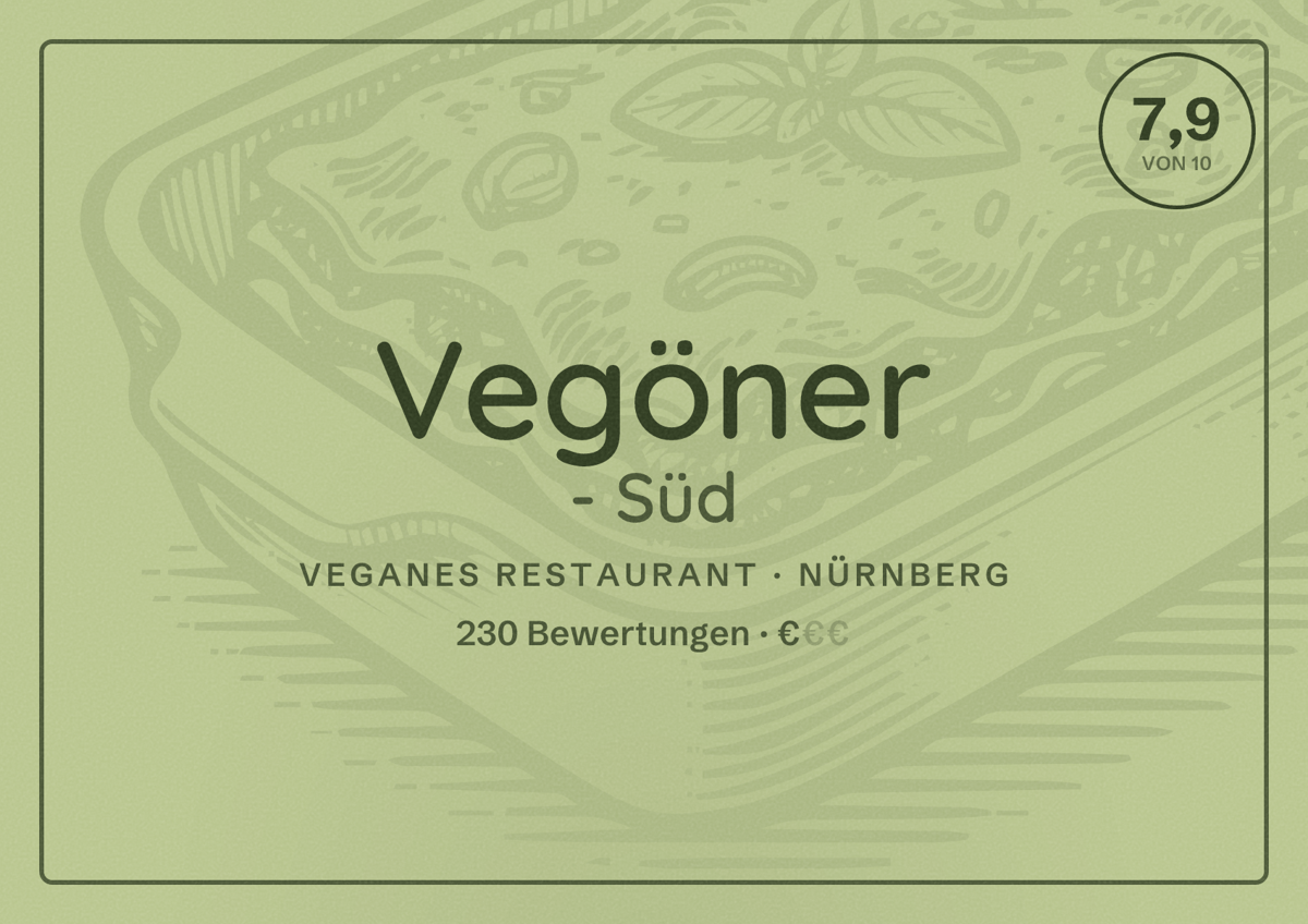Illustriertes Poster von Vegöner - Süd, Veganes Restaurant in Nürnberg: Bewertung 7,9 von 10 aus 230 Bewertungen, Preisniveau €