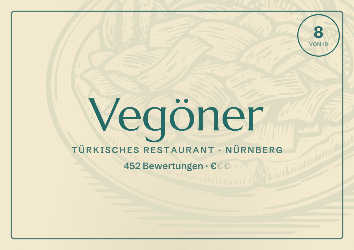Illustriertes Poster von Vegöner, Türkisches Restaurant in Nürnberg: Bewertung 8,0 von 10 aus 452 Bewertungen, Preisniveau €