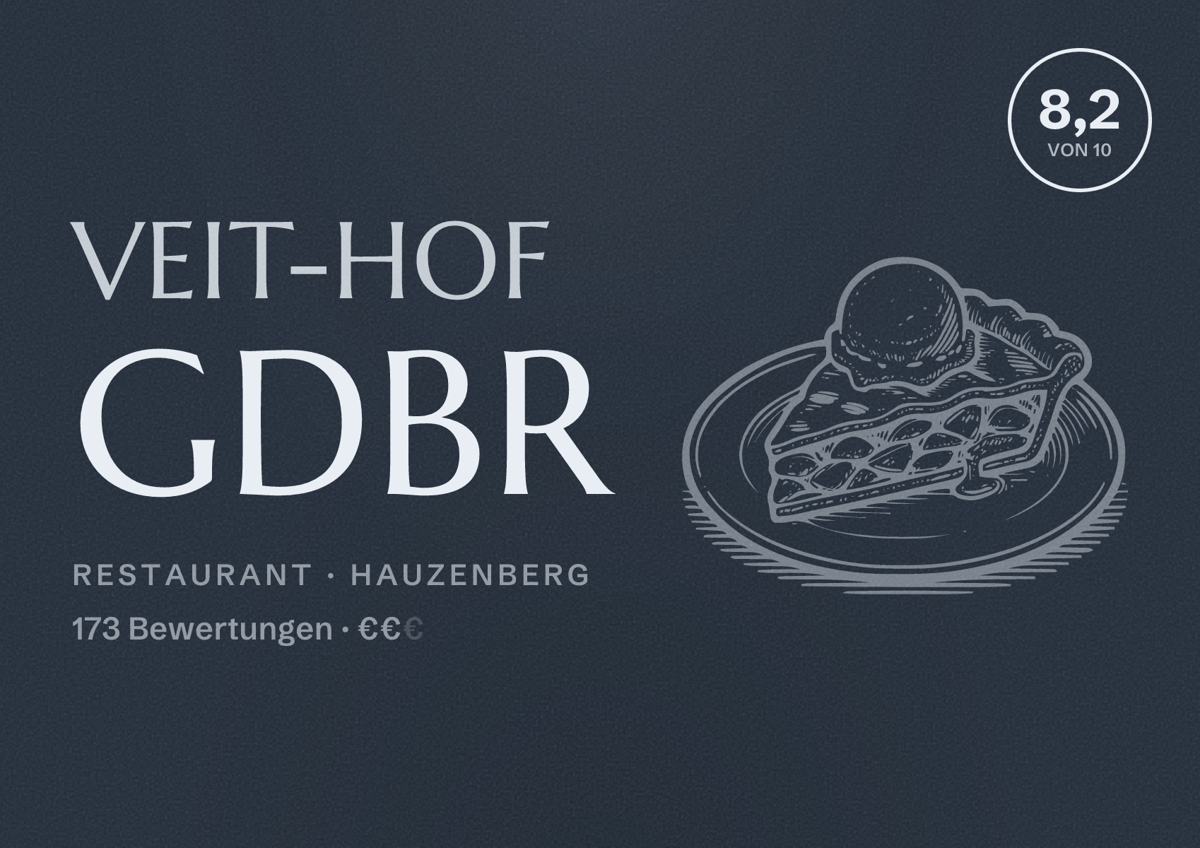 Illustriertes Poster von Veit-Hof GdbR, Restaurant in Hauzenberg: Bewertung 8,2 von 10 aus 173 Bewertungen, Preisniveau €€
